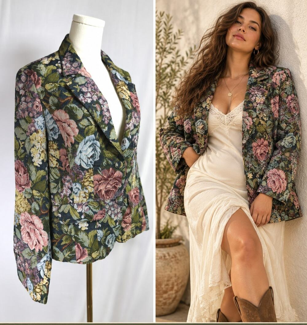 Vintage Liz Claiborne Floral Tapestry Blazer XL Cottagecore Grannycore Jacket